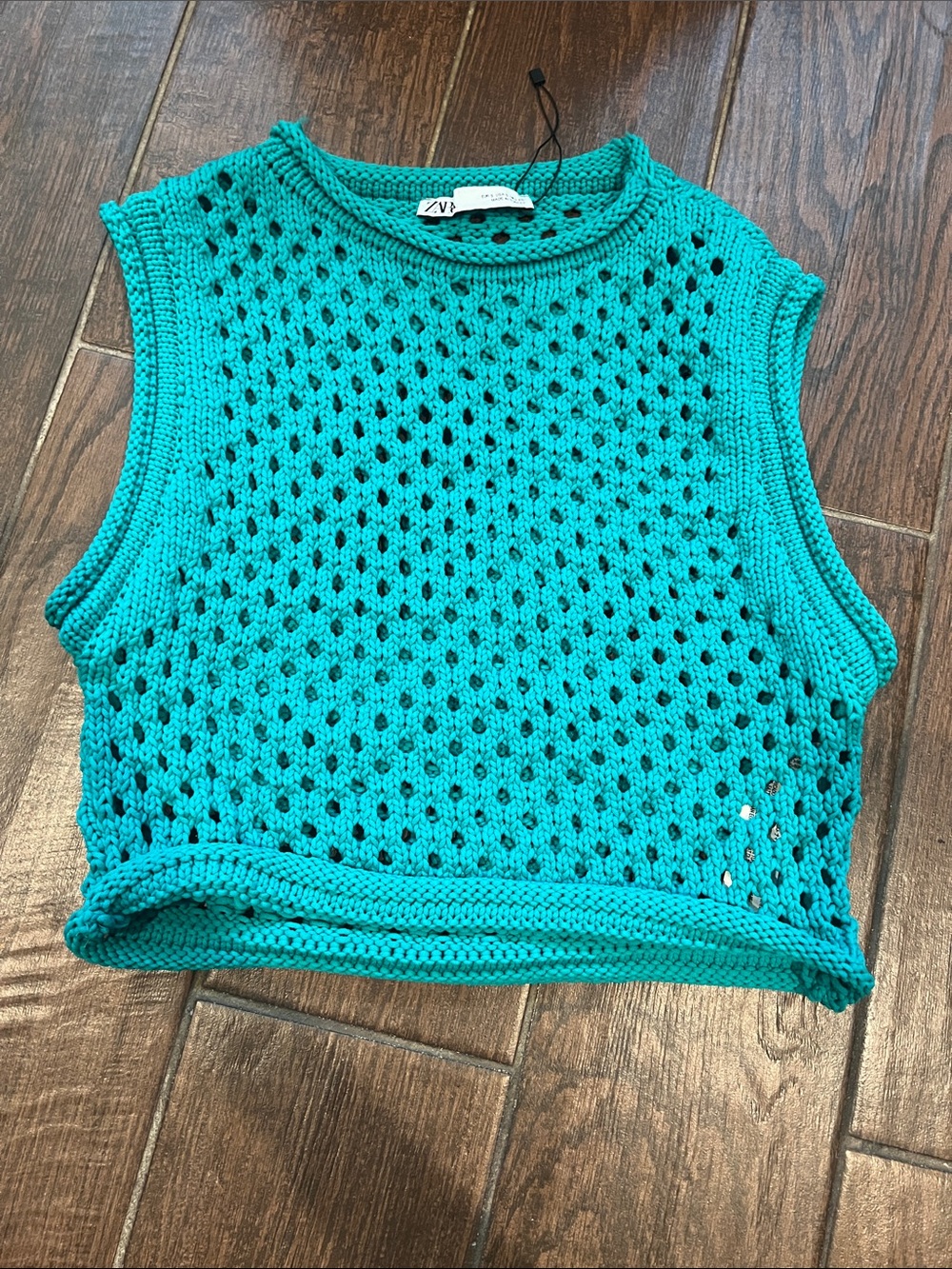 Zara Turquoise Open-Knit Cropped Tank